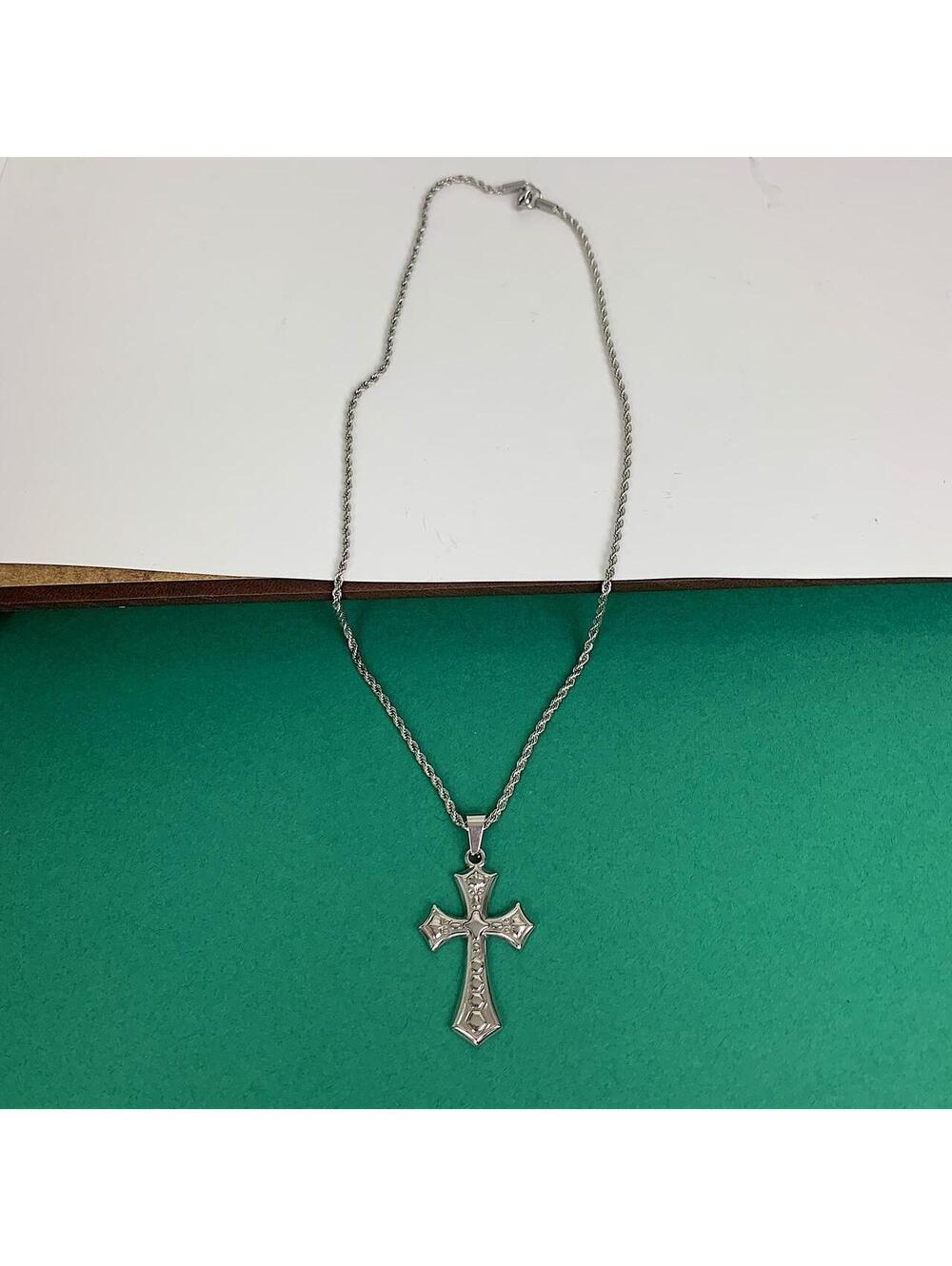 Stainless steel y2k style big gothic grunge silver cross pendant rope chain - Picture 7 of 8